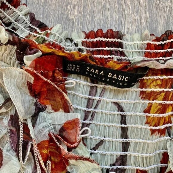 Zara Women’s Blouse Fall Leaf Ruffle Long Sleeve Peasant Flutter Sleeve Sheer M - Picture 13 of 16